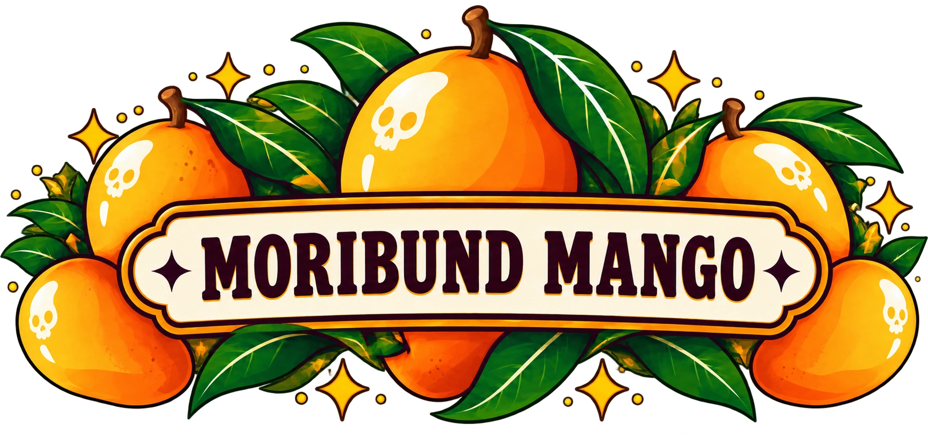 Moribund Mango — illustrated mangoes with tiny skulls, leaves, and a vintage label